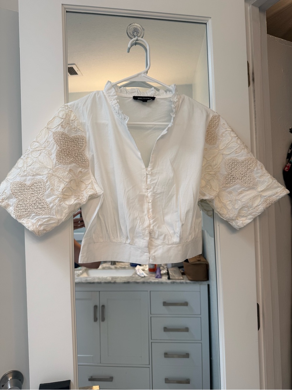 White Button-Front Crop Top with Embroidered Puff Sleeves